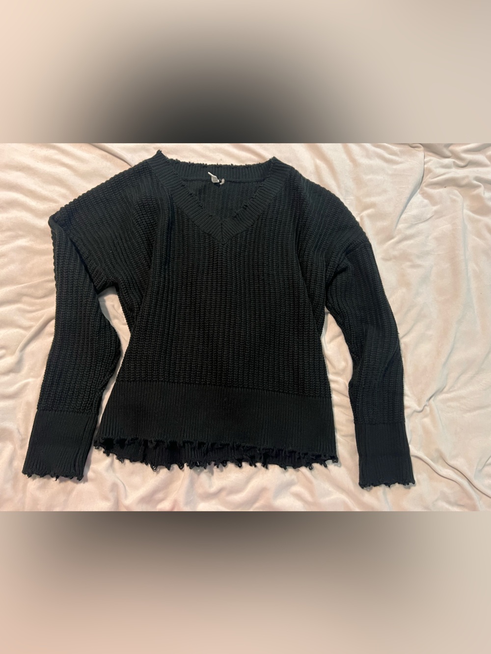 Glam-  Black V-Neck Distressed Hem Ribbed Knit Sweater- Small